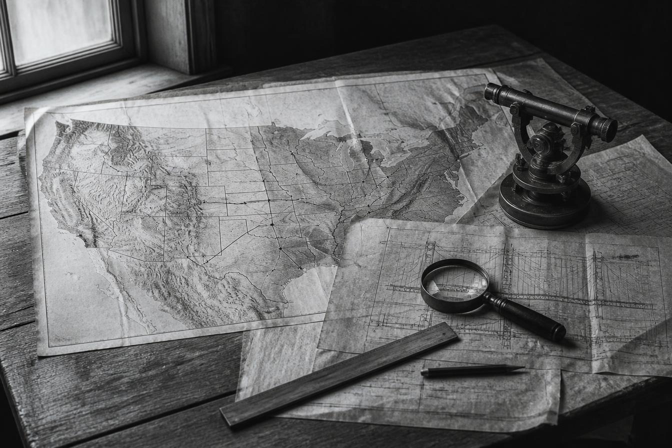 Vintage topographic map of the United States on a drafting table with engineering blueprints, a brass surveyor's transit, magnifying glass, ruler, and pencil