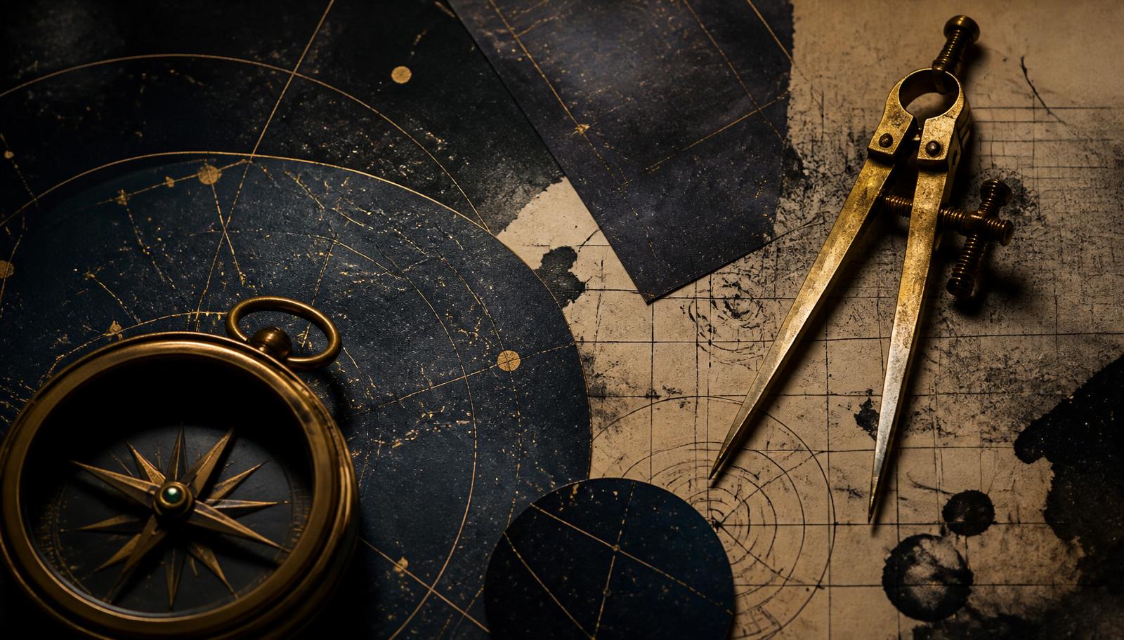 Antique brass compass and drafting dividers resting on constellation charts and measurement grids
